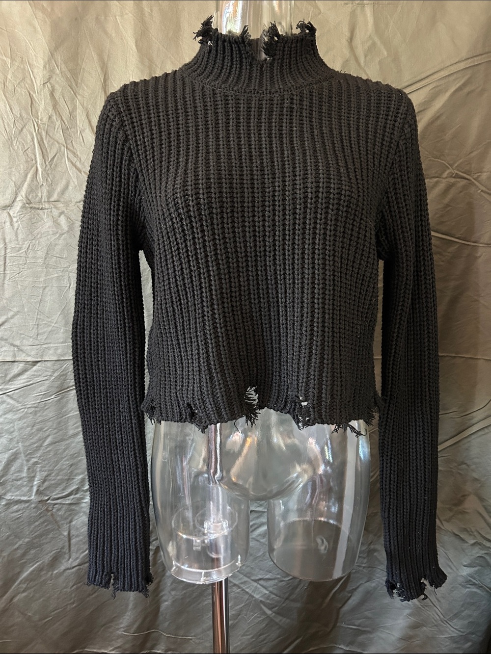 Windsor Black Distressed Waffle Knit Mock Neck Sweater